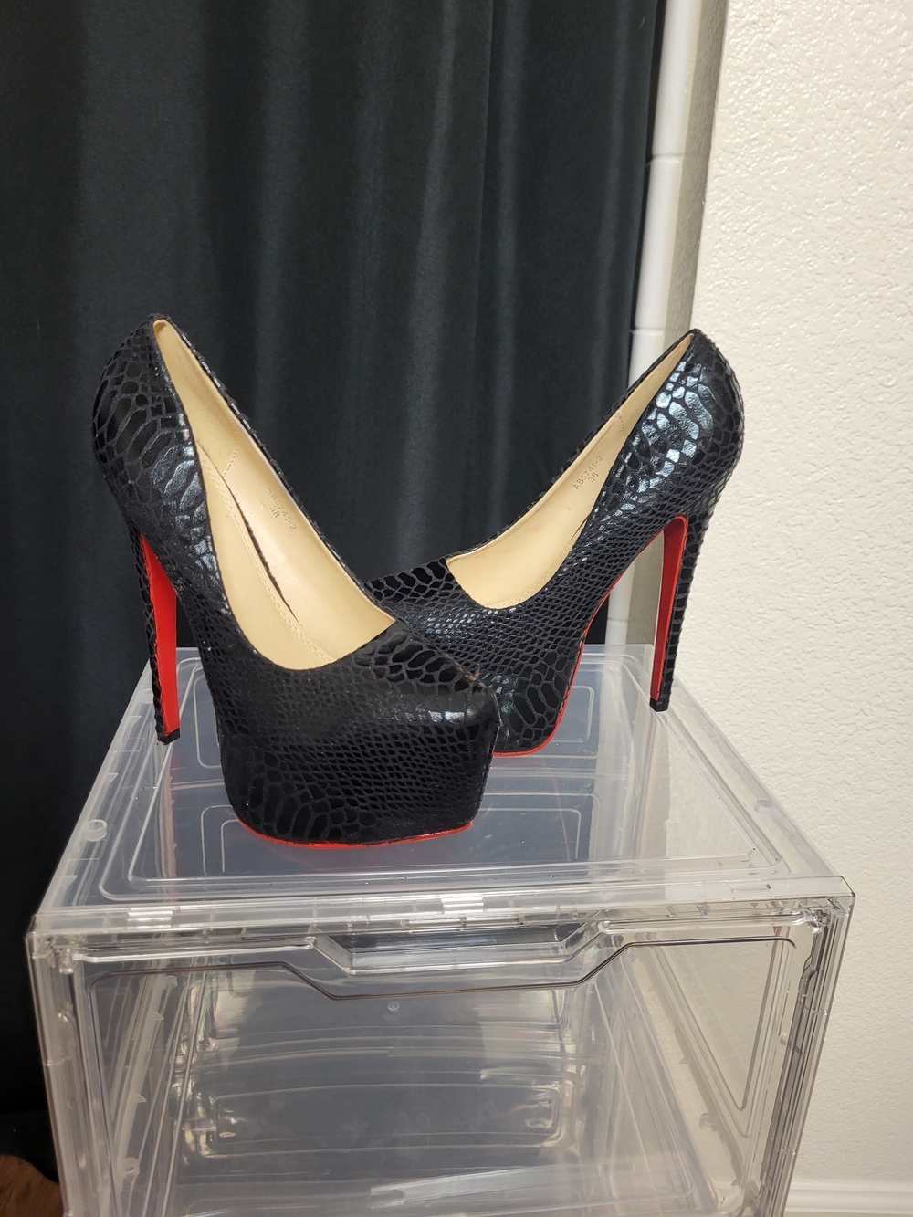 Black Snake-Embossed Platform Stiletto Pumps with Red Sole